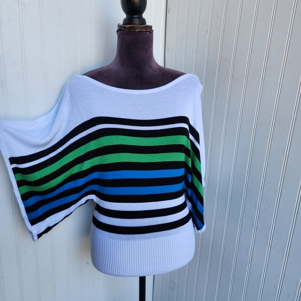 Bebe Women's White Blue Green Long Wide Sleeve Tunic Knit Sweater Striped Sz M